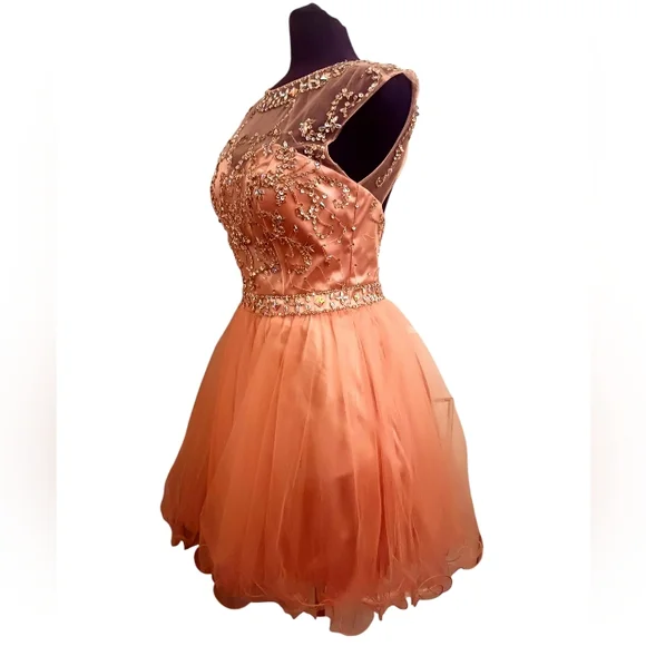 Peach Rhinestone Beaded Ruffled Cocktail Dress/ Prom/Formal Size 10 by May Queen - Picture 3 of 6